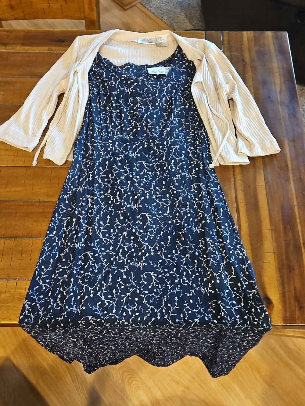 Kathie Lee Collection Navy Floral Midi Dress with Cream Cardigan